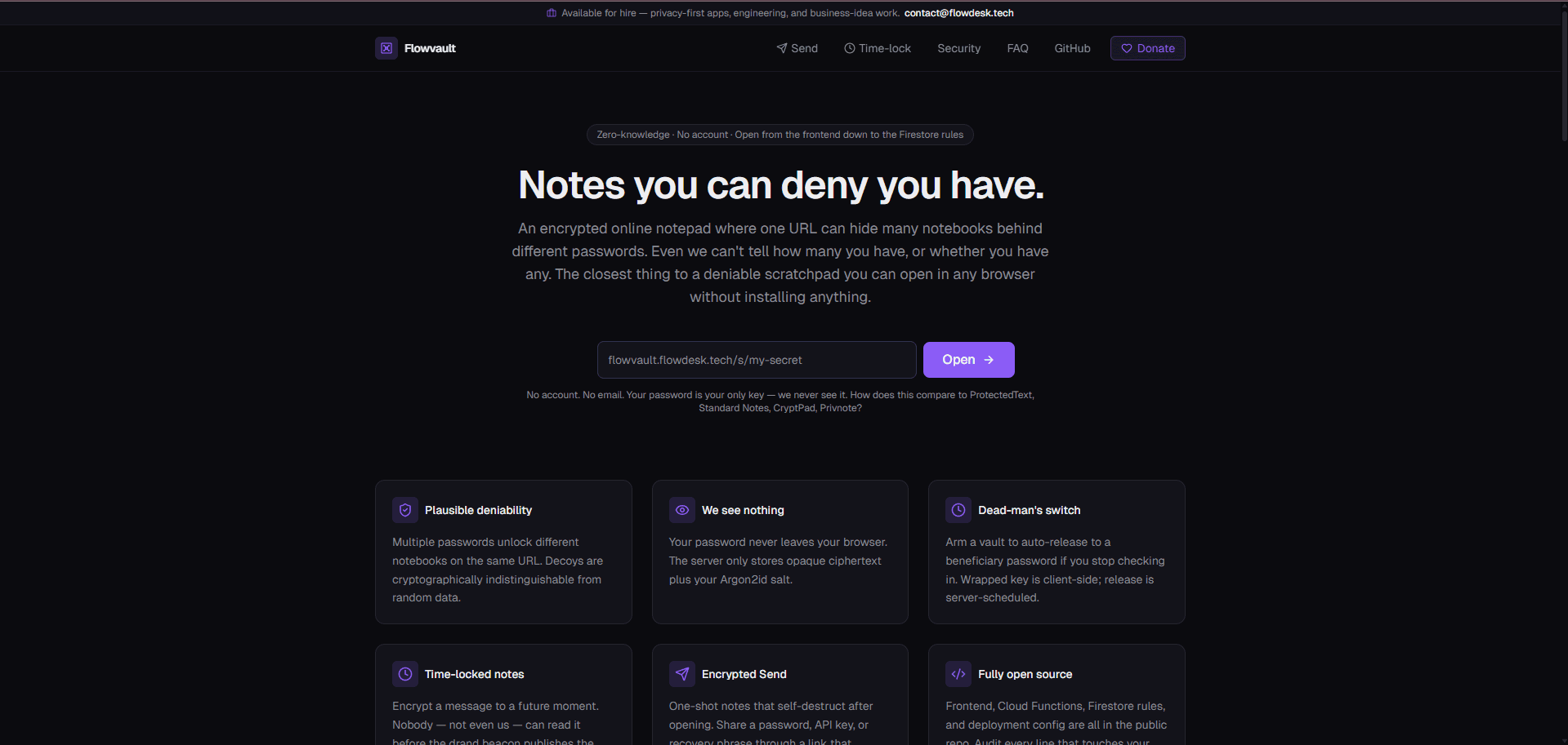 Flowvault — Zero-Knowledge Encrypted Notepad with Plausible Deniability