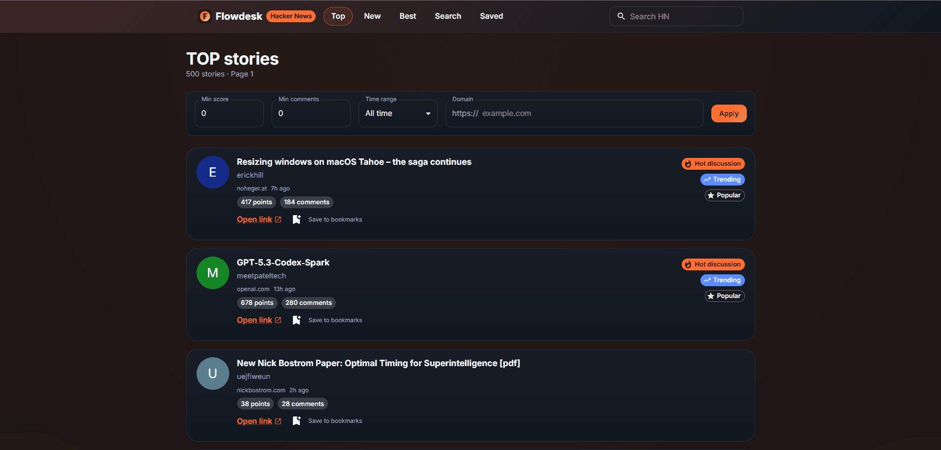 Flowdesk HN — Modern Hacker News Reader